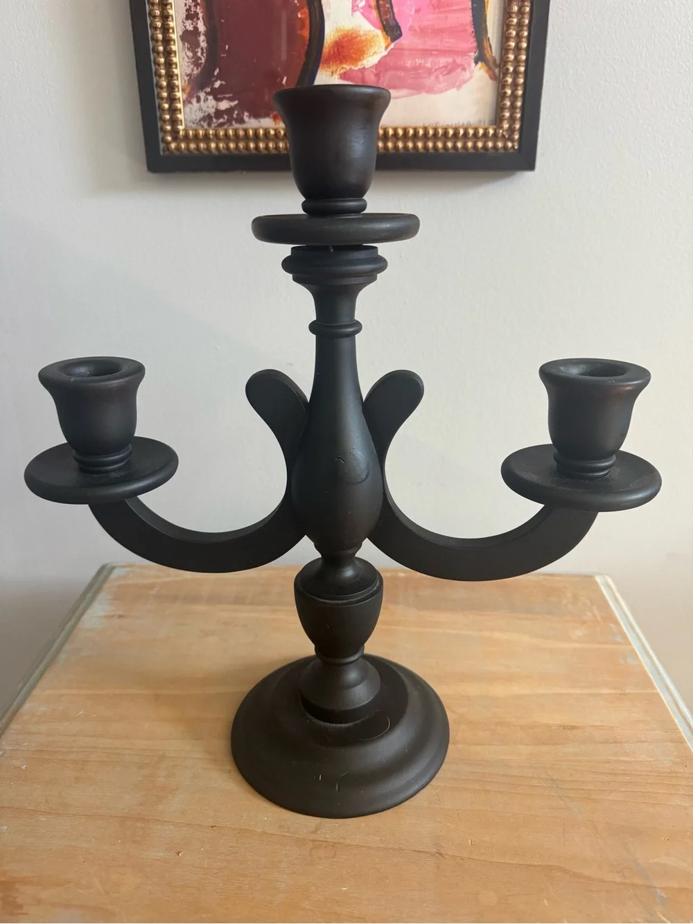 Matte Black 3-Arm Teak Wood Candelabra Candle Holder